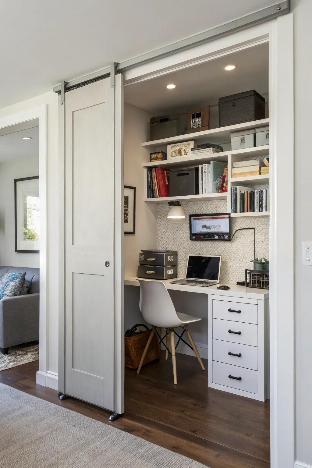 Hide your office nook behind a stylish sliding door.