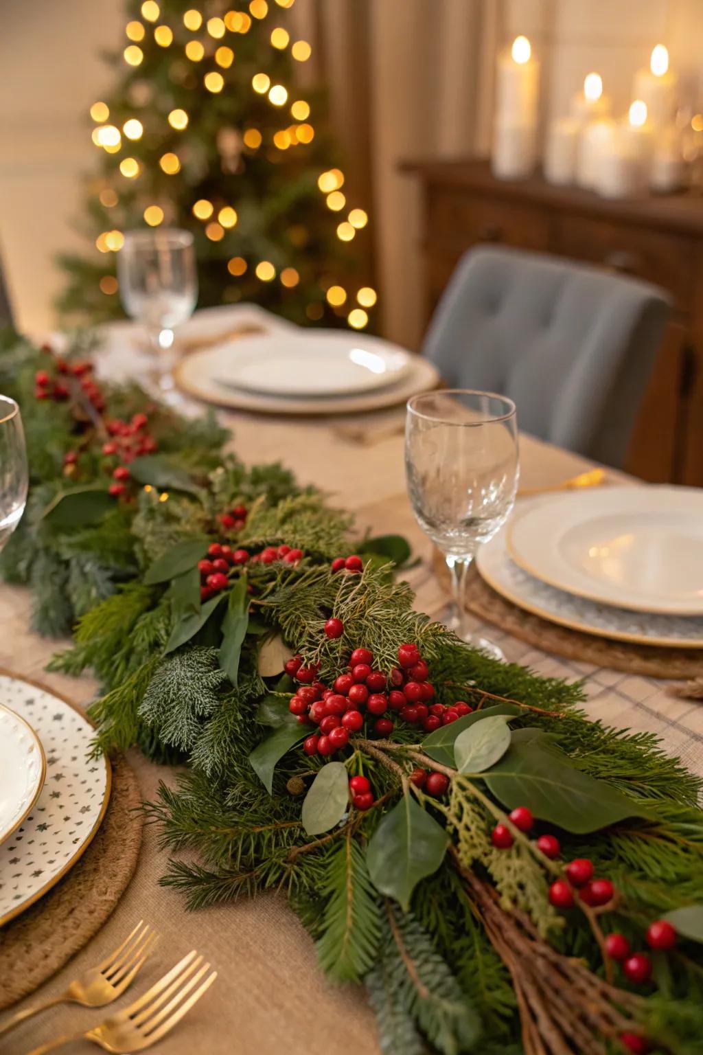 A holiday garland adds lush greenery to your table setting.