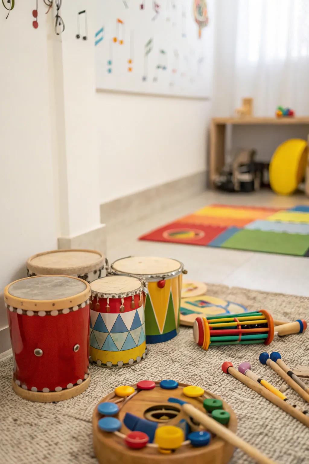 Music areas can encourage expression and develop children's sense of rhythm.