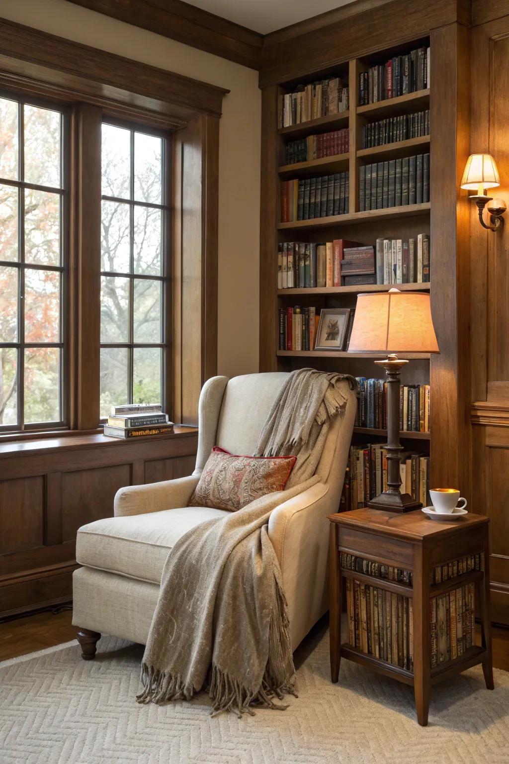 A reading alcove invites relaxation and immersion.