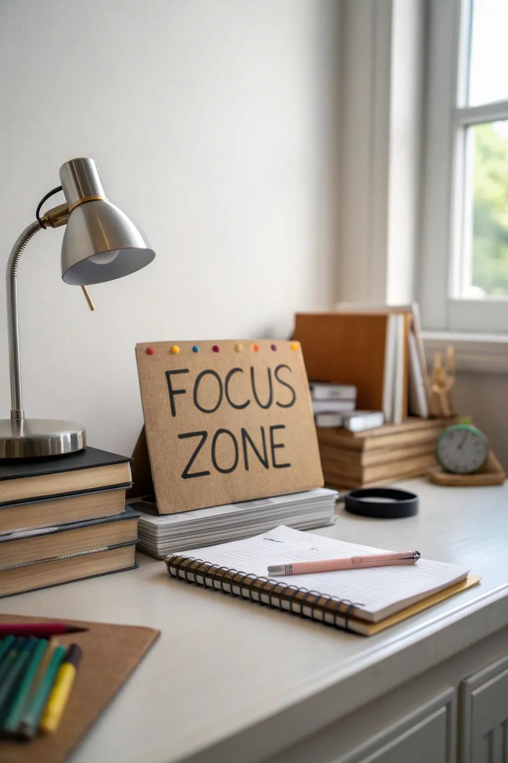 A 'Focus Zone' sign encourages uninterrupted study.