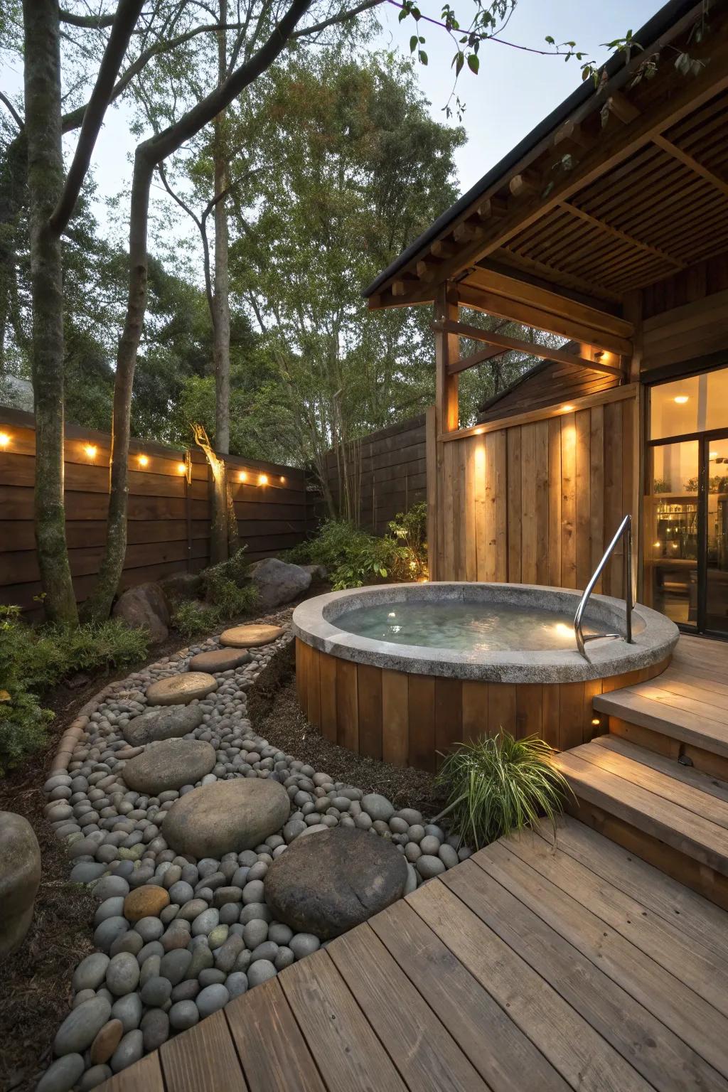 A hot tub surrounded by natural materials for an organic look.