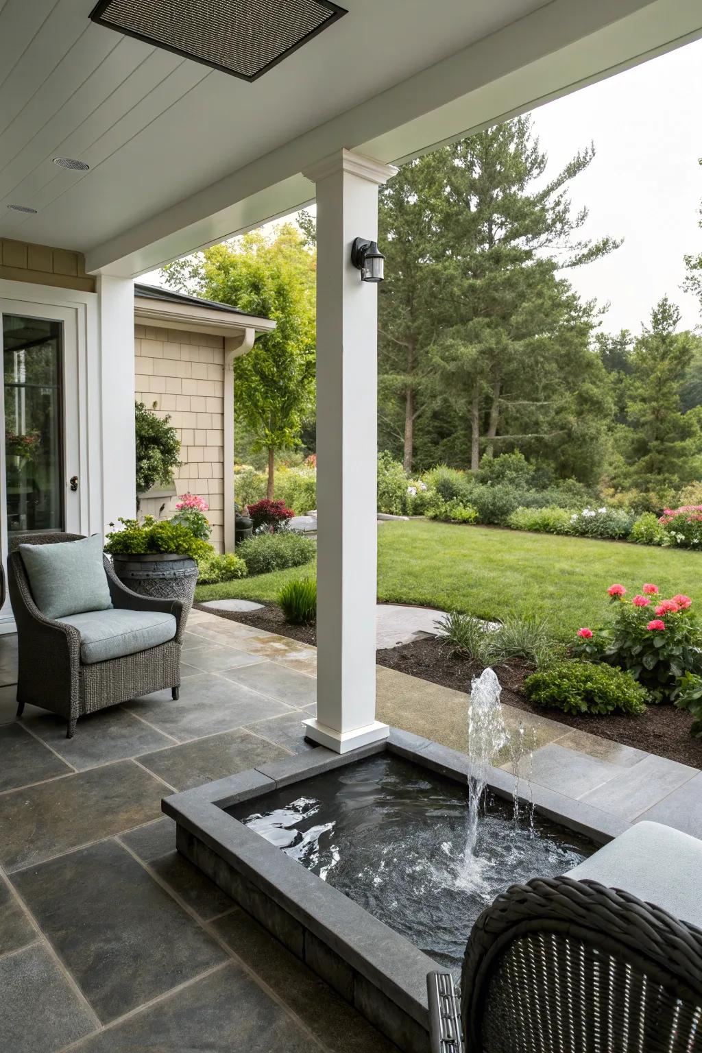 A water feature brings a sense of tranquility to this modern porch.