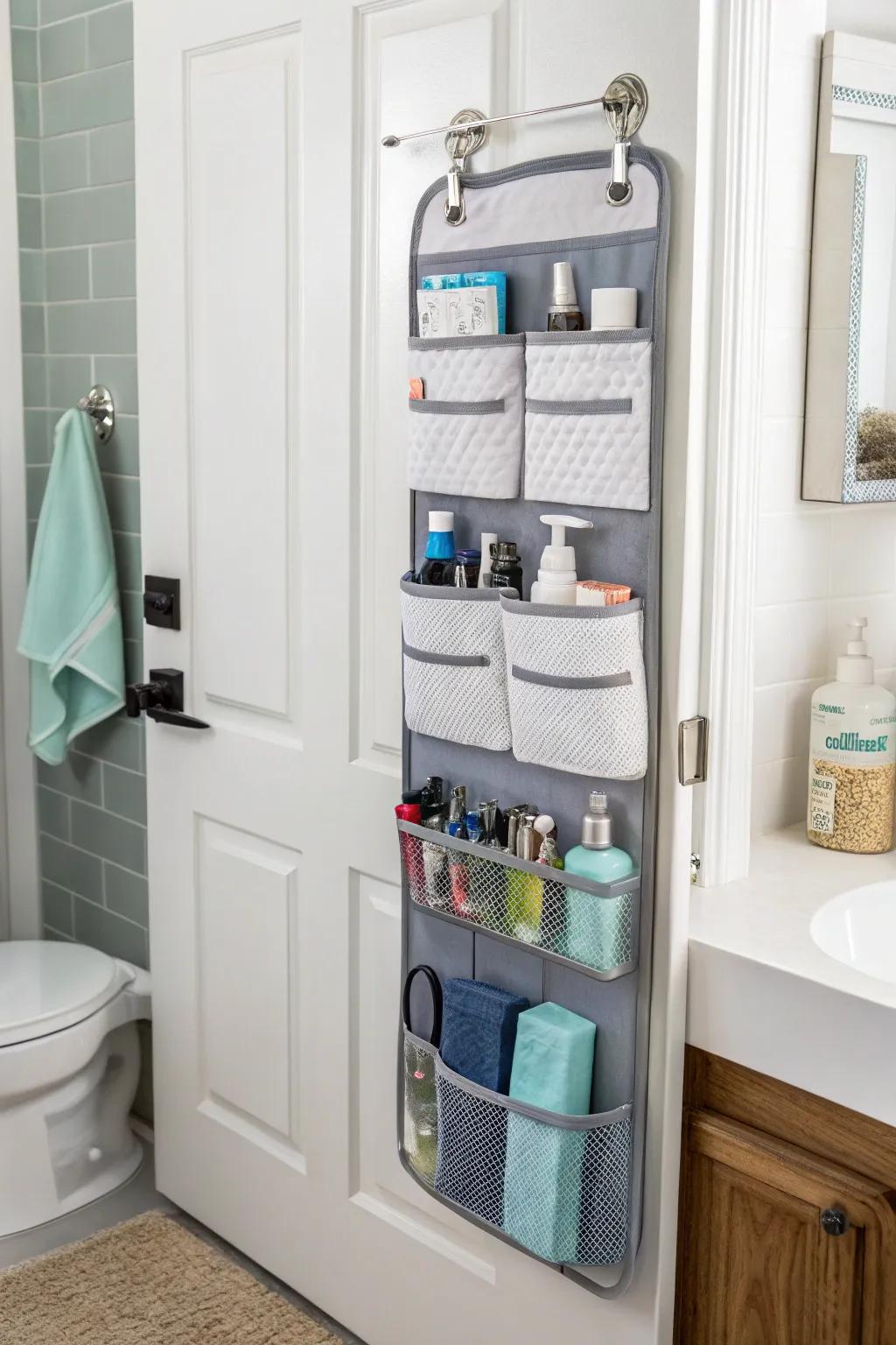 A bathroom with a door organizer that maximizes storage.