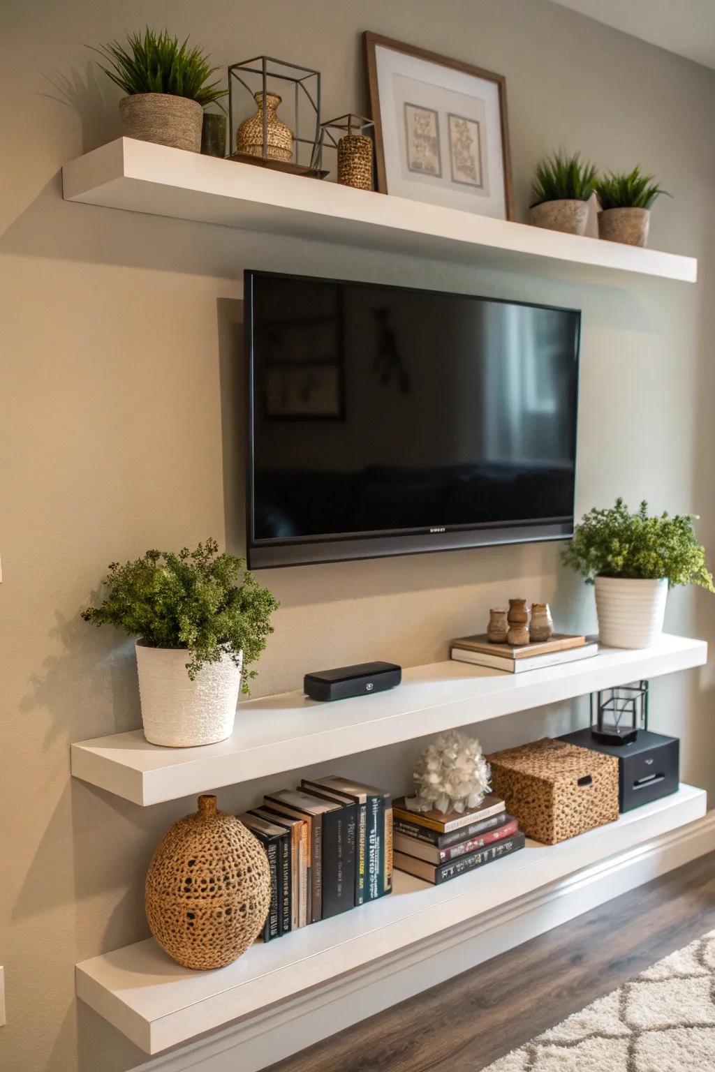 A floating shelf conceals cords and adds display space.