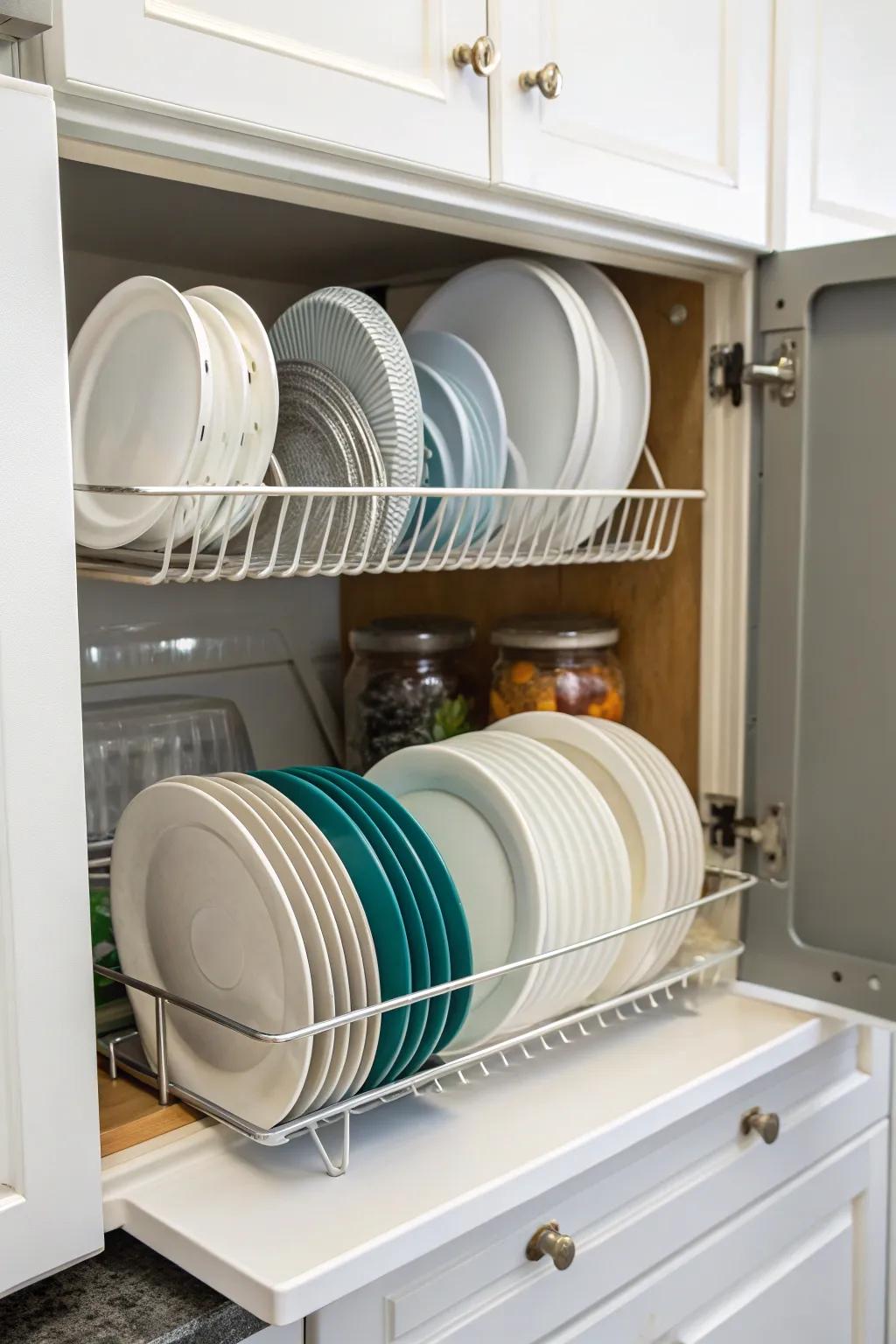 Plate rack used to organize plastic lids by size.
