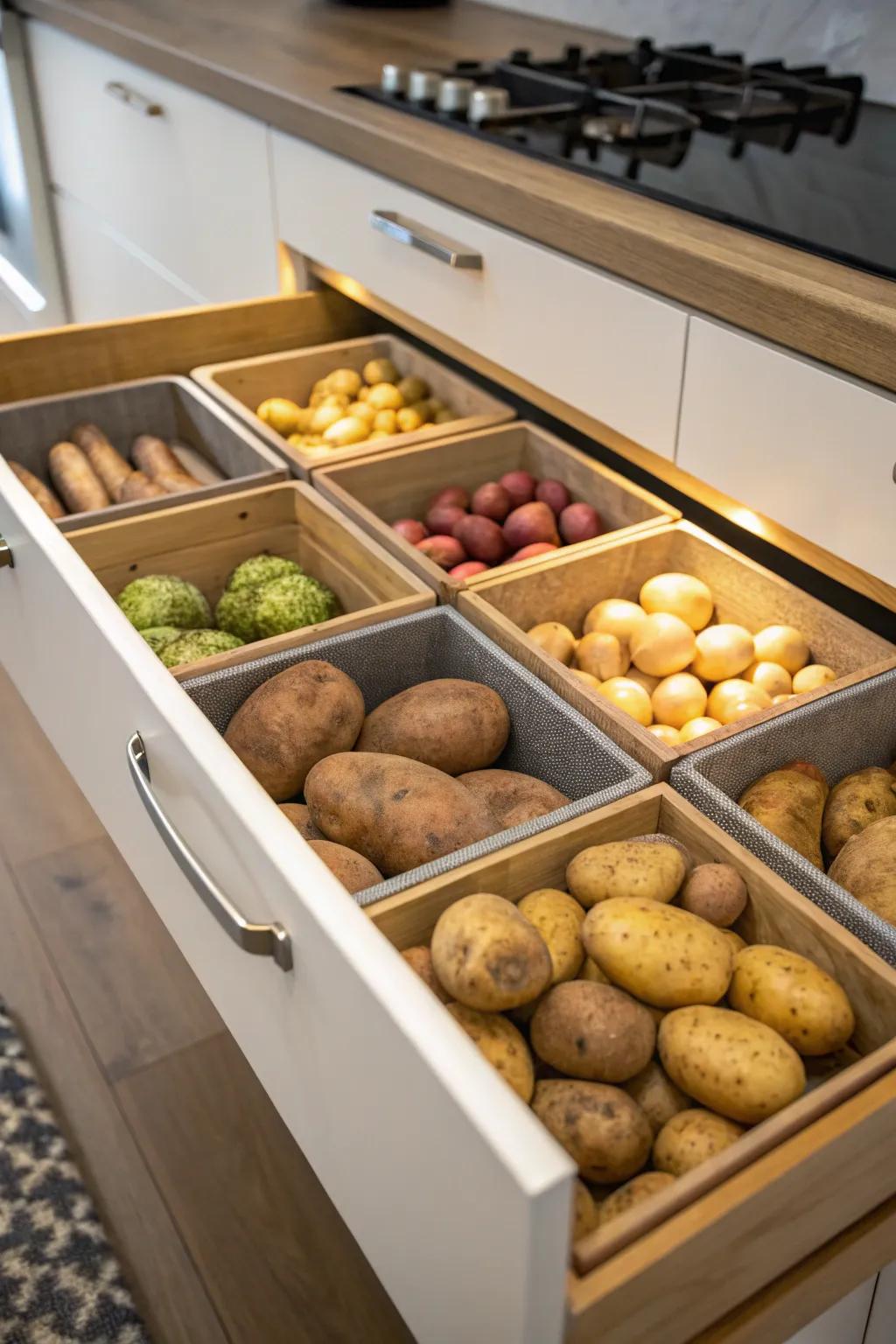 Organized potato storage with kitchen drawer dividers.