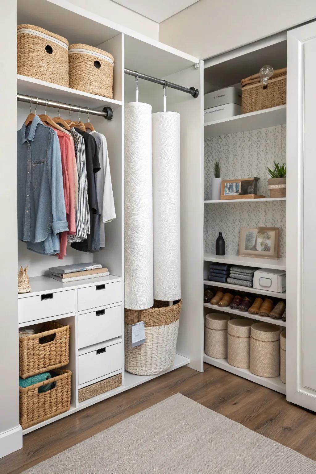 Tension rods efficiently store tissue paper rolls in a closet.