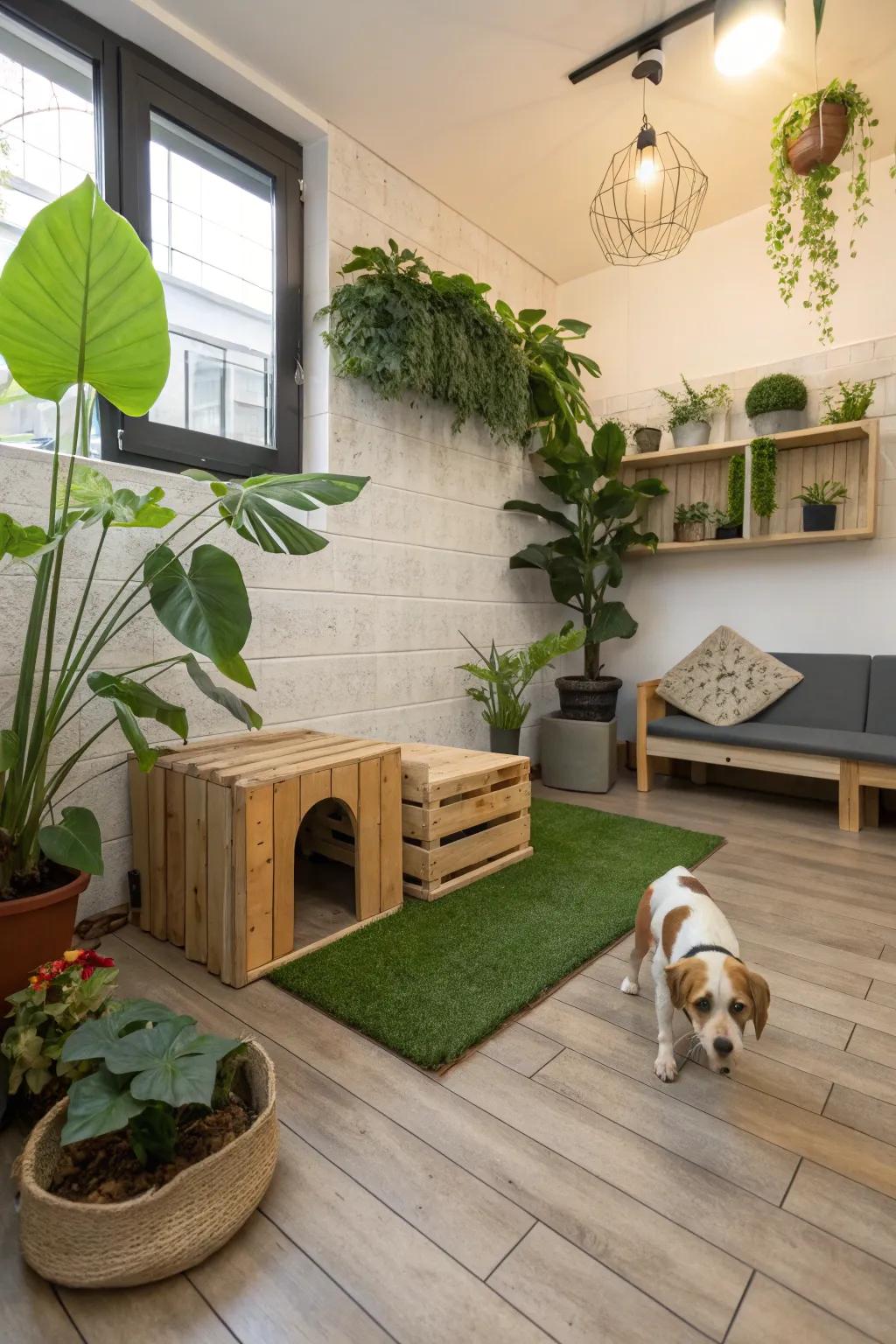 Eco-friendly elements for a sustainable dog space.