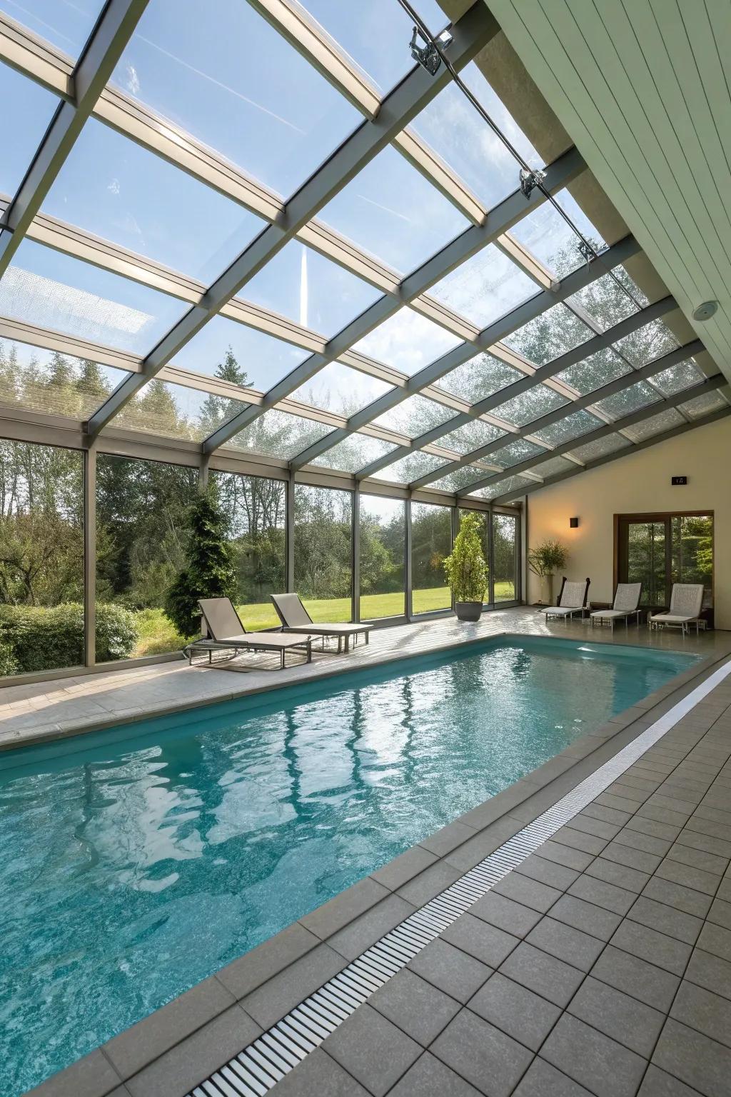 An indoor pool with a retractable roof for flexible use