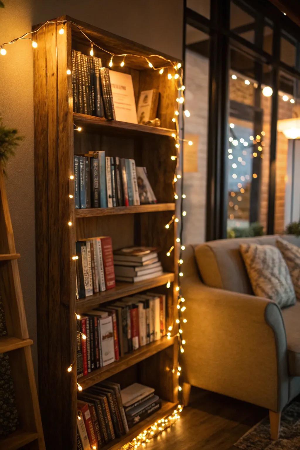 Highlight your bookshelf and create a cozy nook with string lights.