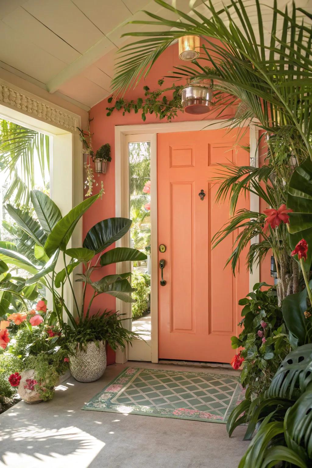 Coral doors that greet you with warmth and positivity.