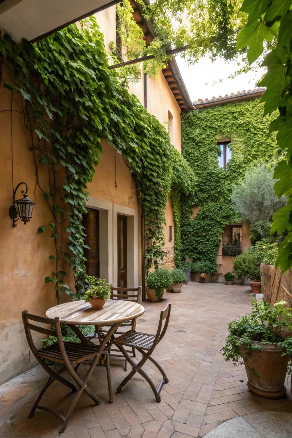 Vine-covered walls bring old-world charm to an Italian patio.