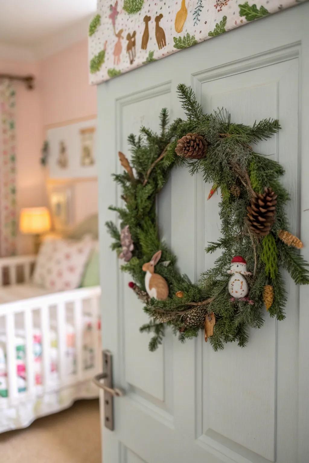 Woodland creatures bring playful charm to winter wreaths.