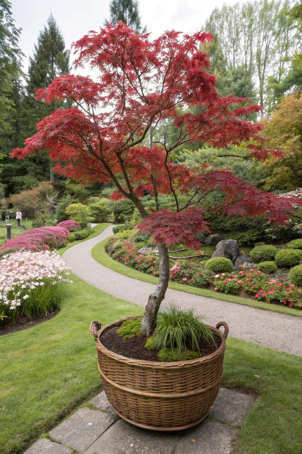 Nature-inspired design with a Japanese maple in a woven basket.