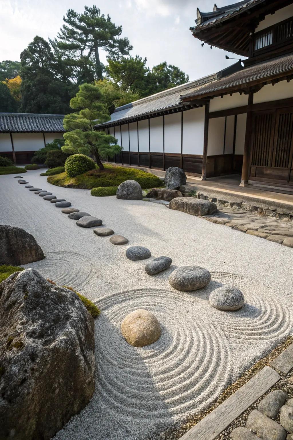 A karesansui rock garden with carefully placed stones.