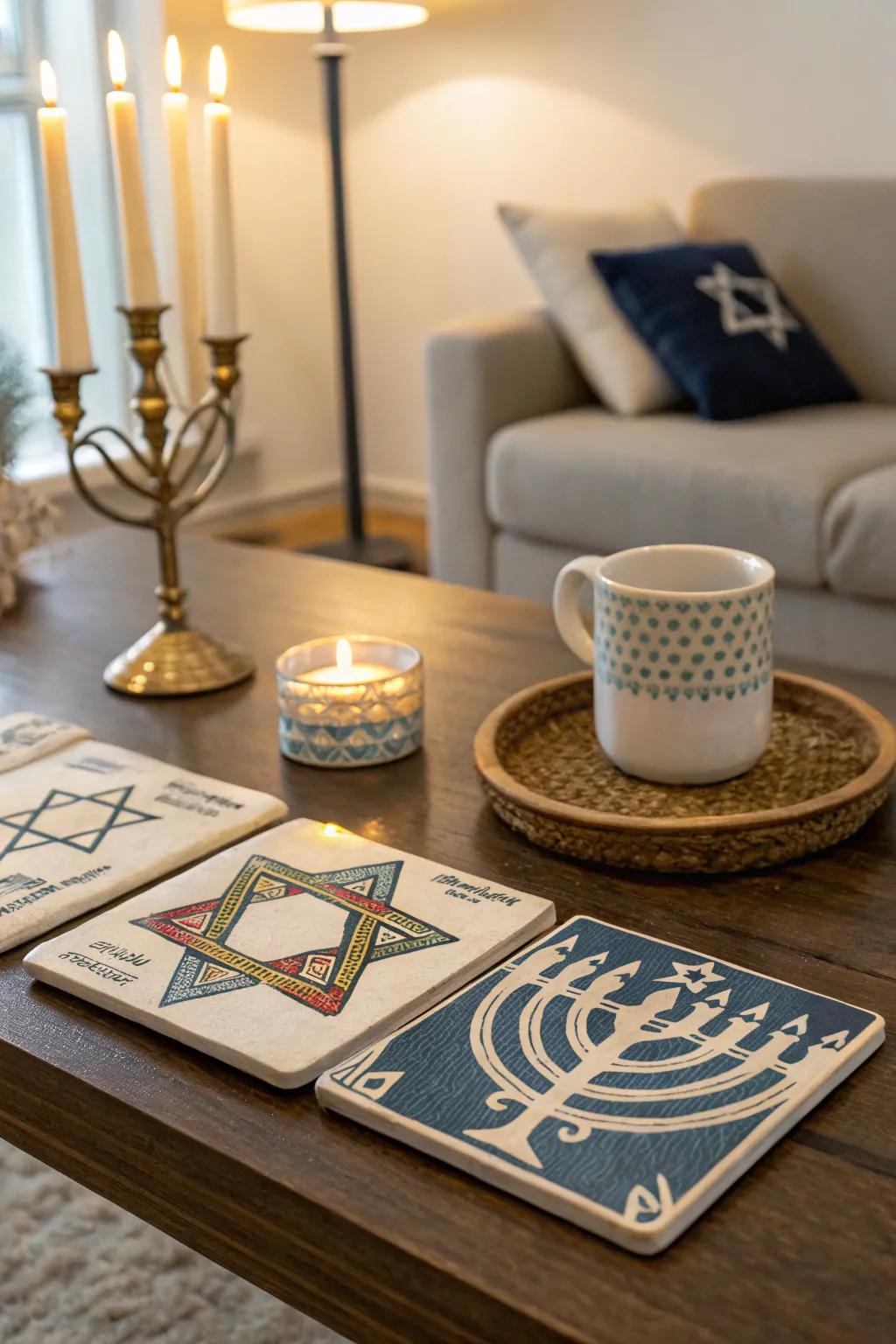 Jewish-themed coasters bringing charm to a coffee table.