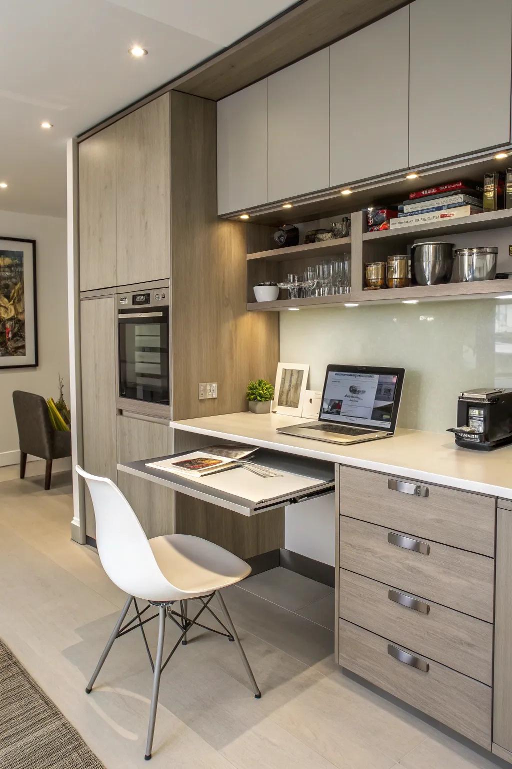 Hidden workstations maintain a clean and organized kitchen appearance.