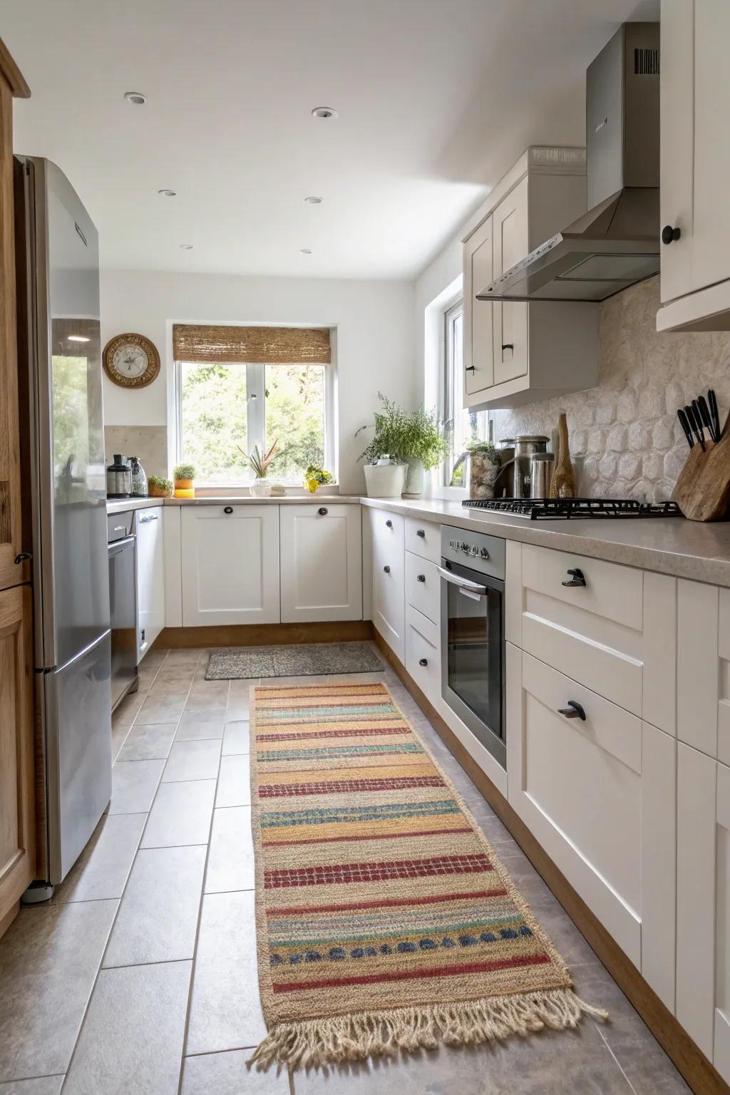 Washable rugs combine practicality with style in busy kitchens.