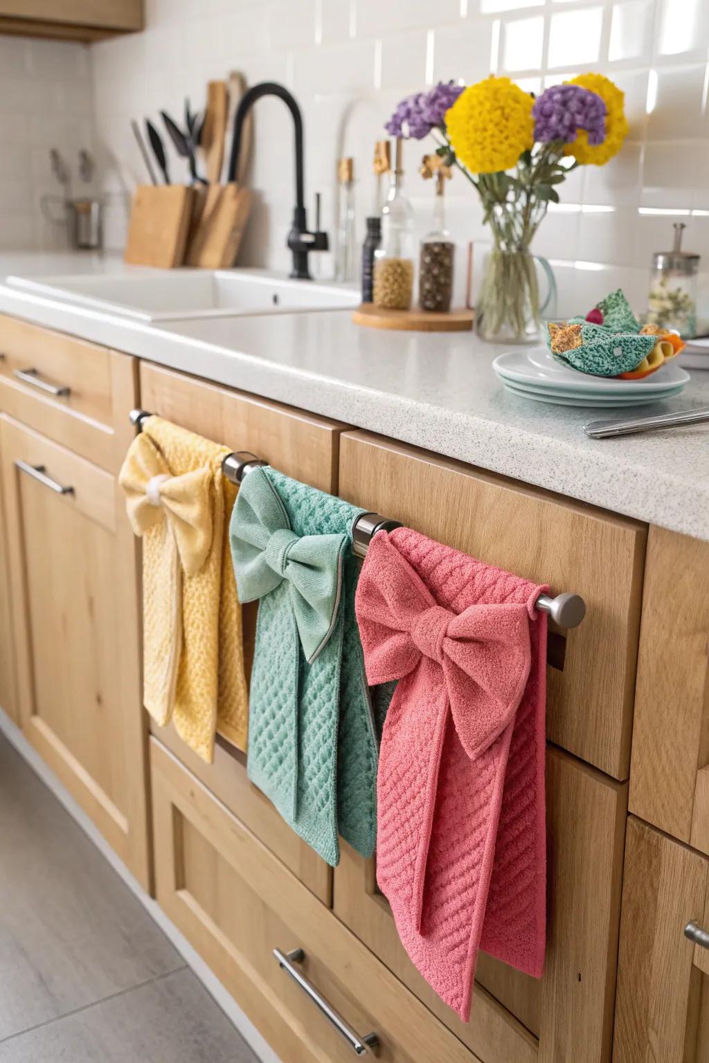 Towel bows add whimsy and charm to kitchen decor.
