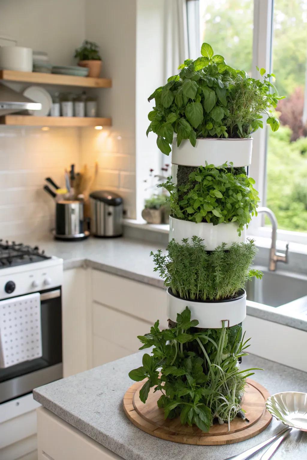 Maximize space with a lush vertical herb tower.