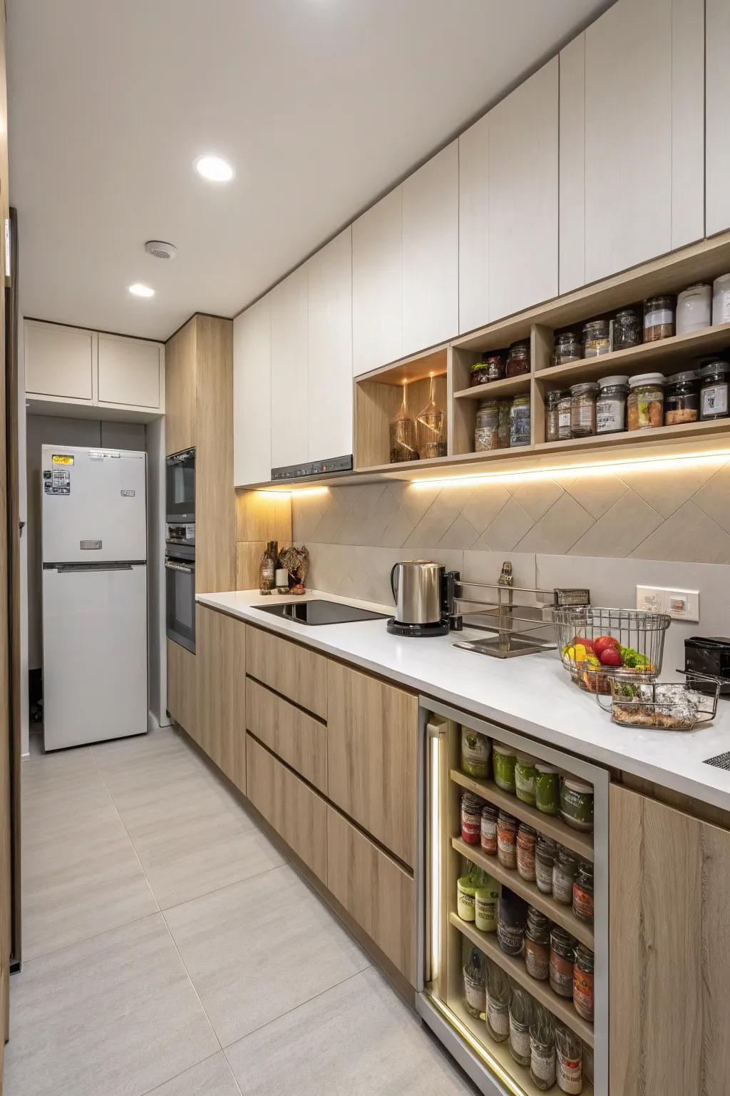 Light-colored laminates make small kitchens feel spacious.