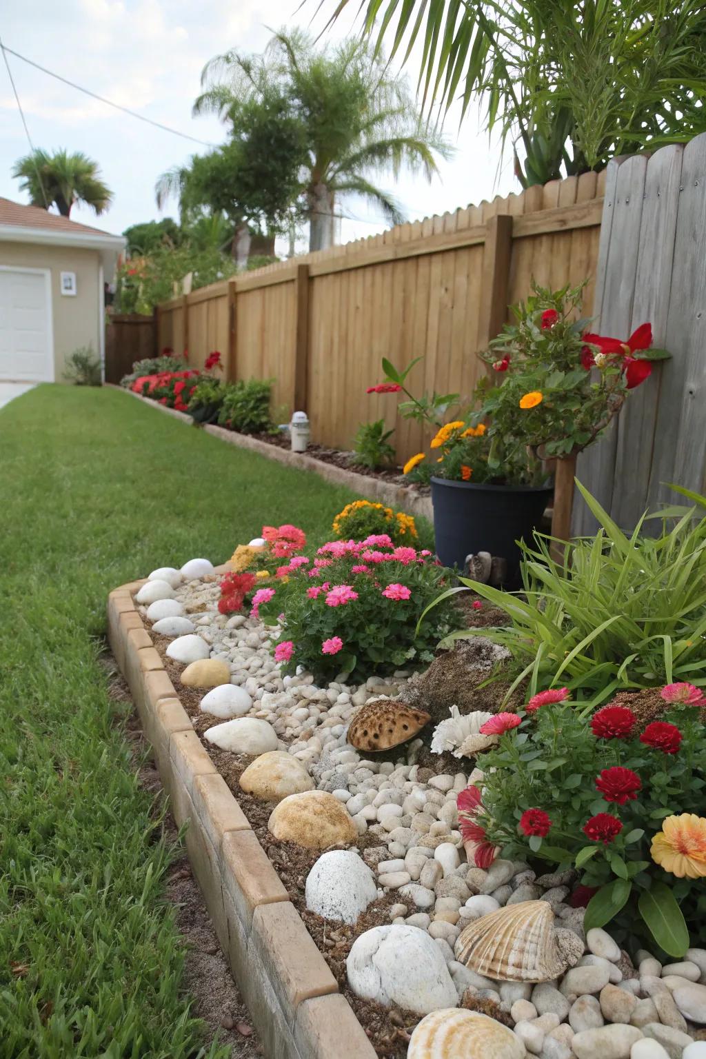 Seashell edging adds a whimsical coastal charm to your garden.