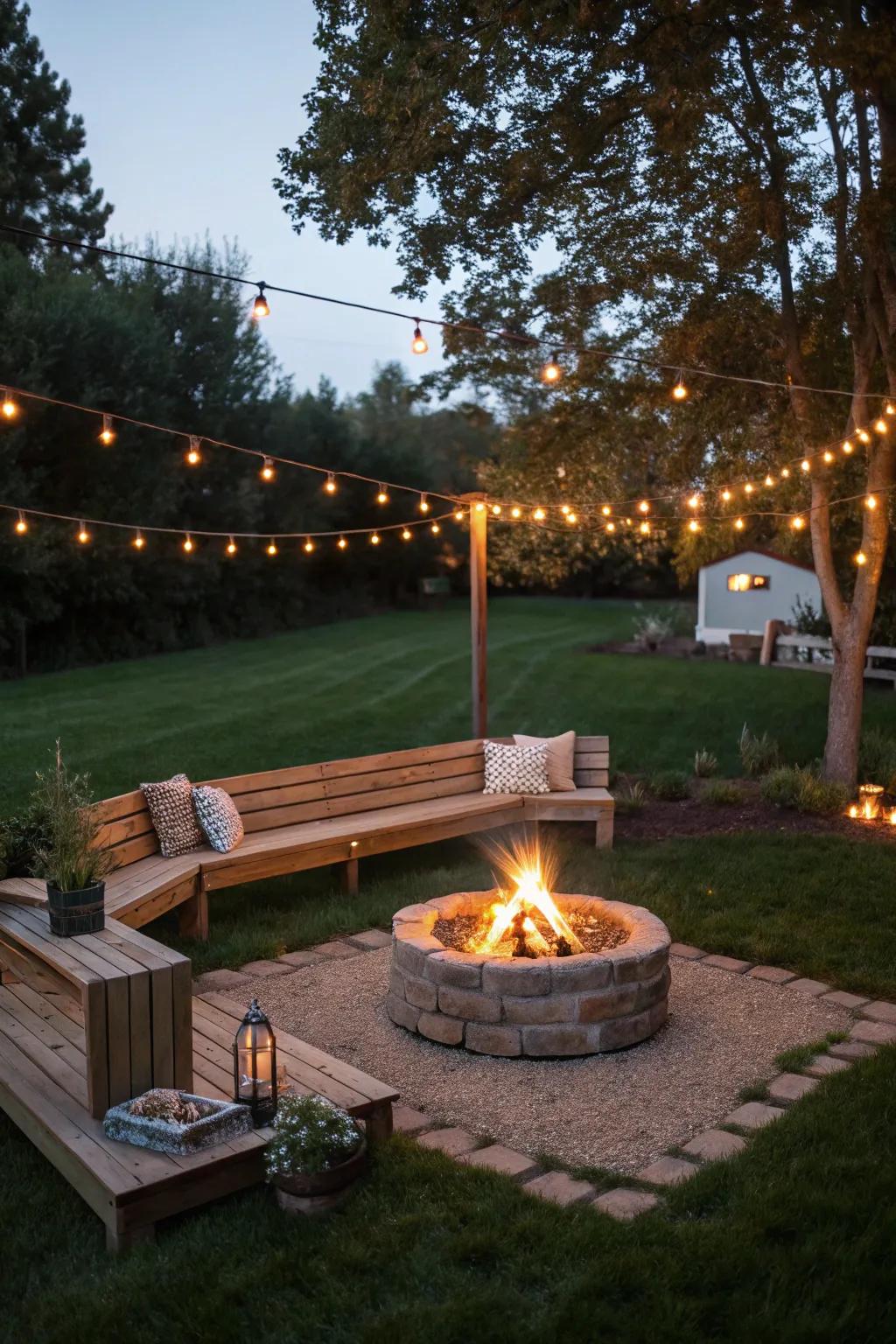 Timber seating around a fire pit creates a cozy gathering place.