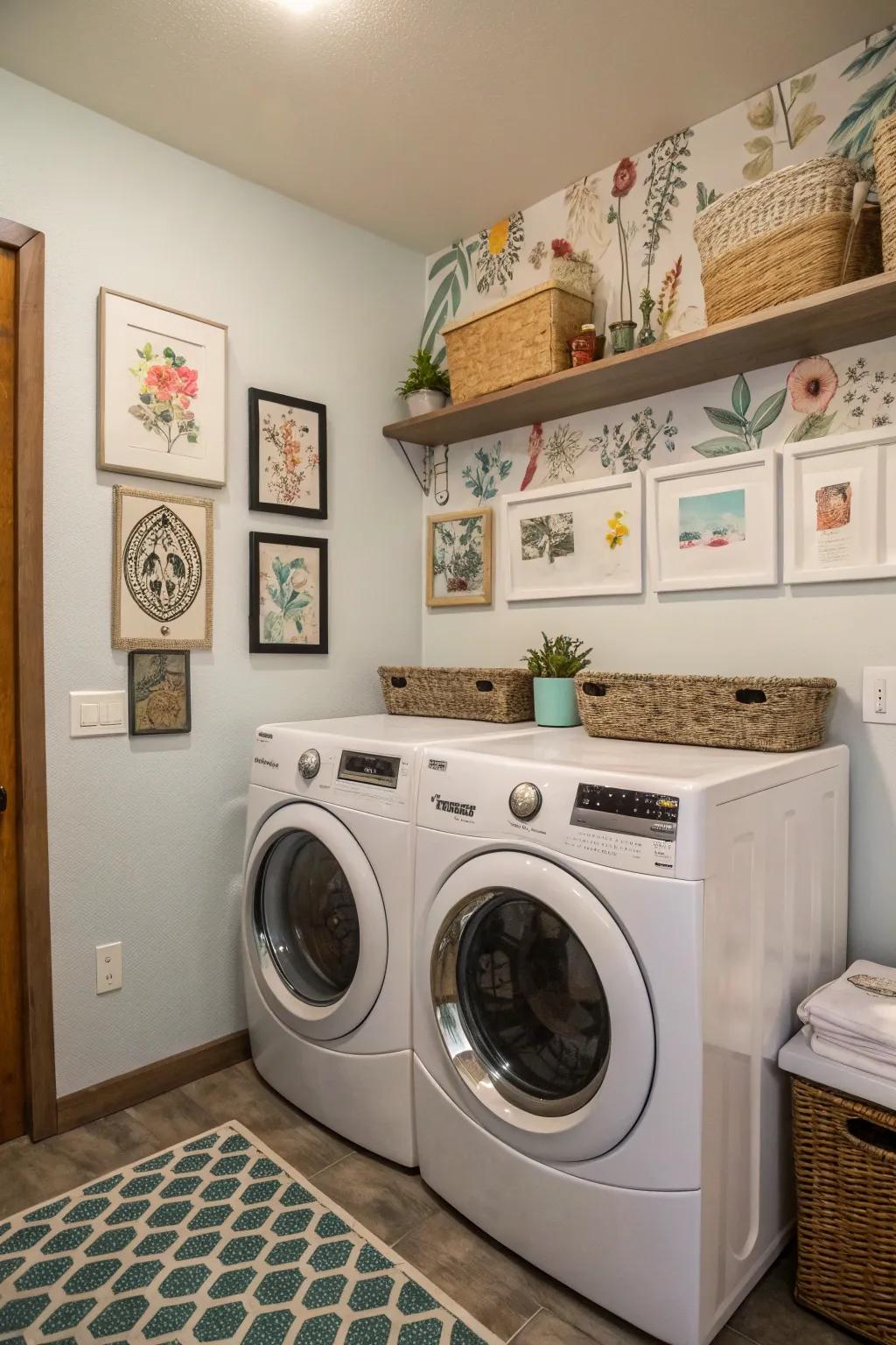 Artistic wall decor adds personality to your laundry space.