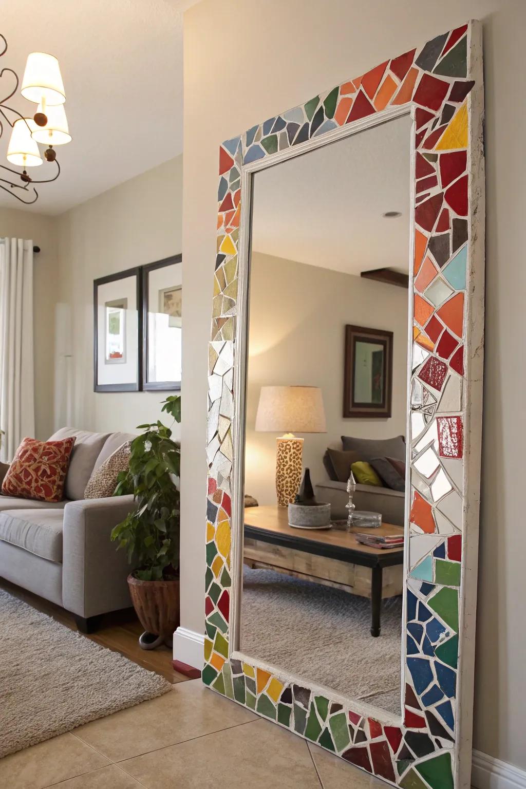 An upcycled mirror frame crafted from plate pieces, adding character to a room.