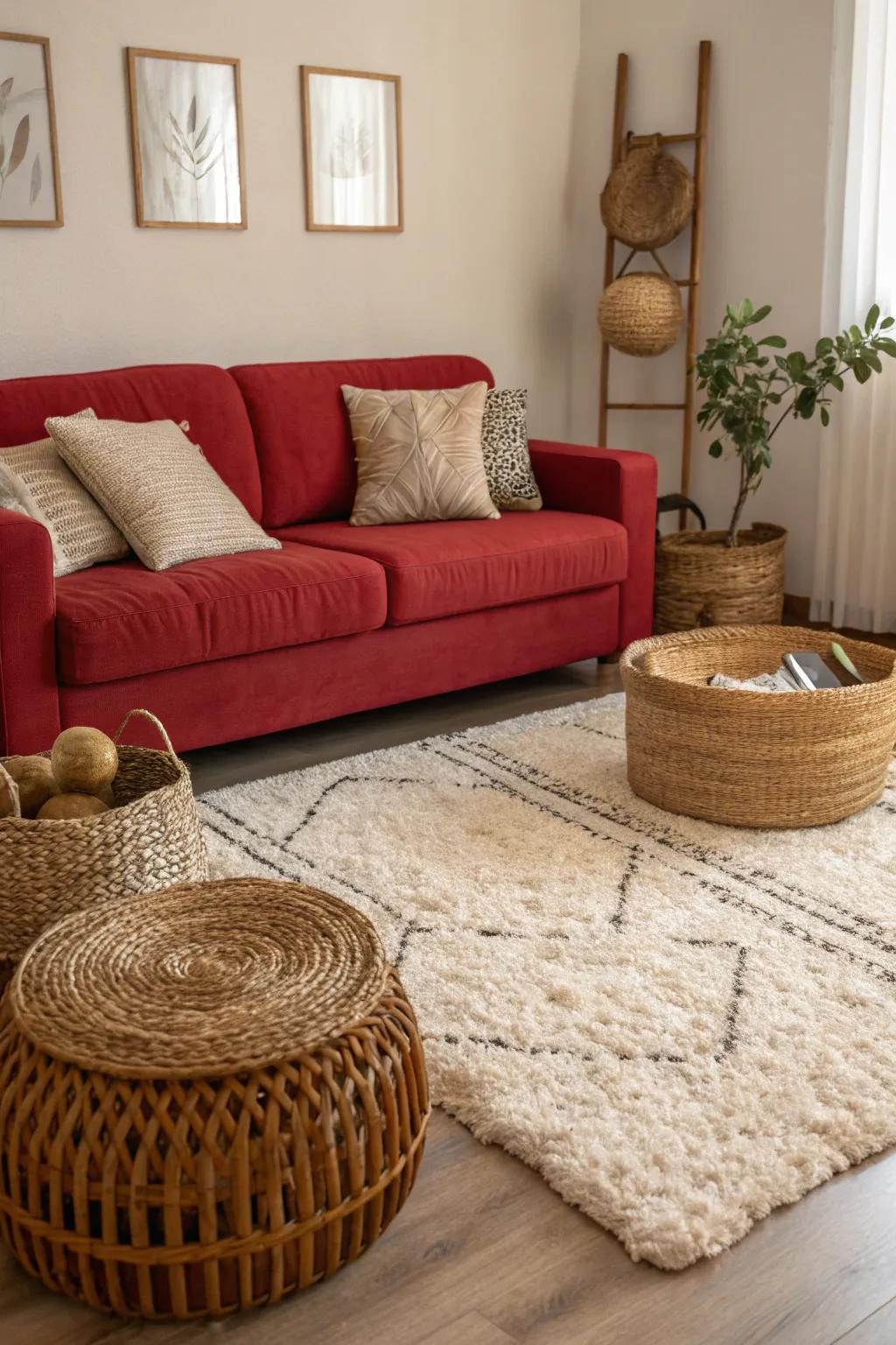 Textured elements add depth and interest, balancing the sleek look of a red couch.