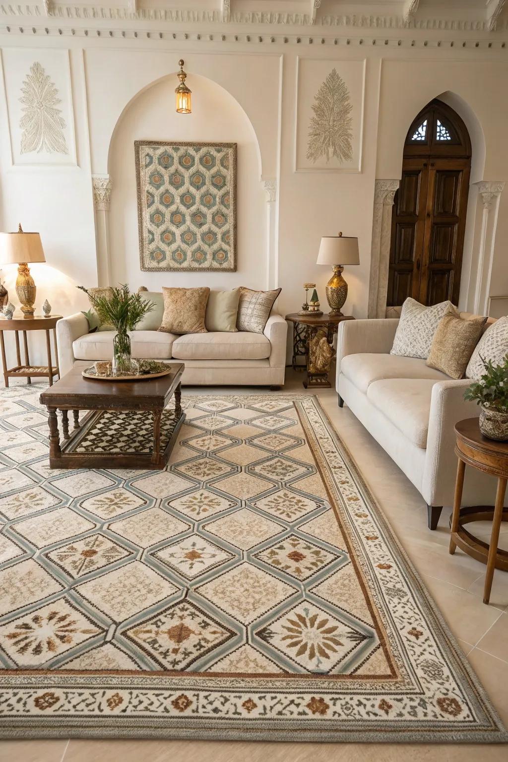 Architectural rugs enhance and align with room features.