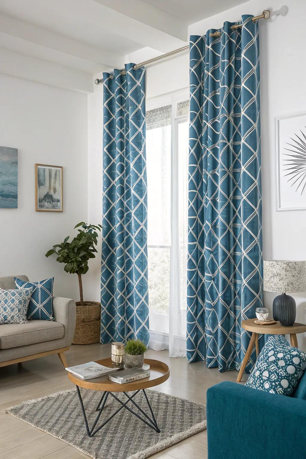 Geometric patterns on blue curtains add a modern twist and enhance visual interest in this contemporary living room.