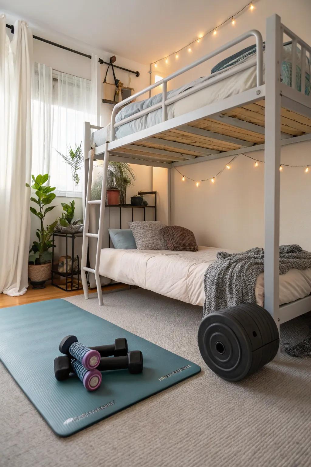 A loft bed with a dedicated space for fitness activities.