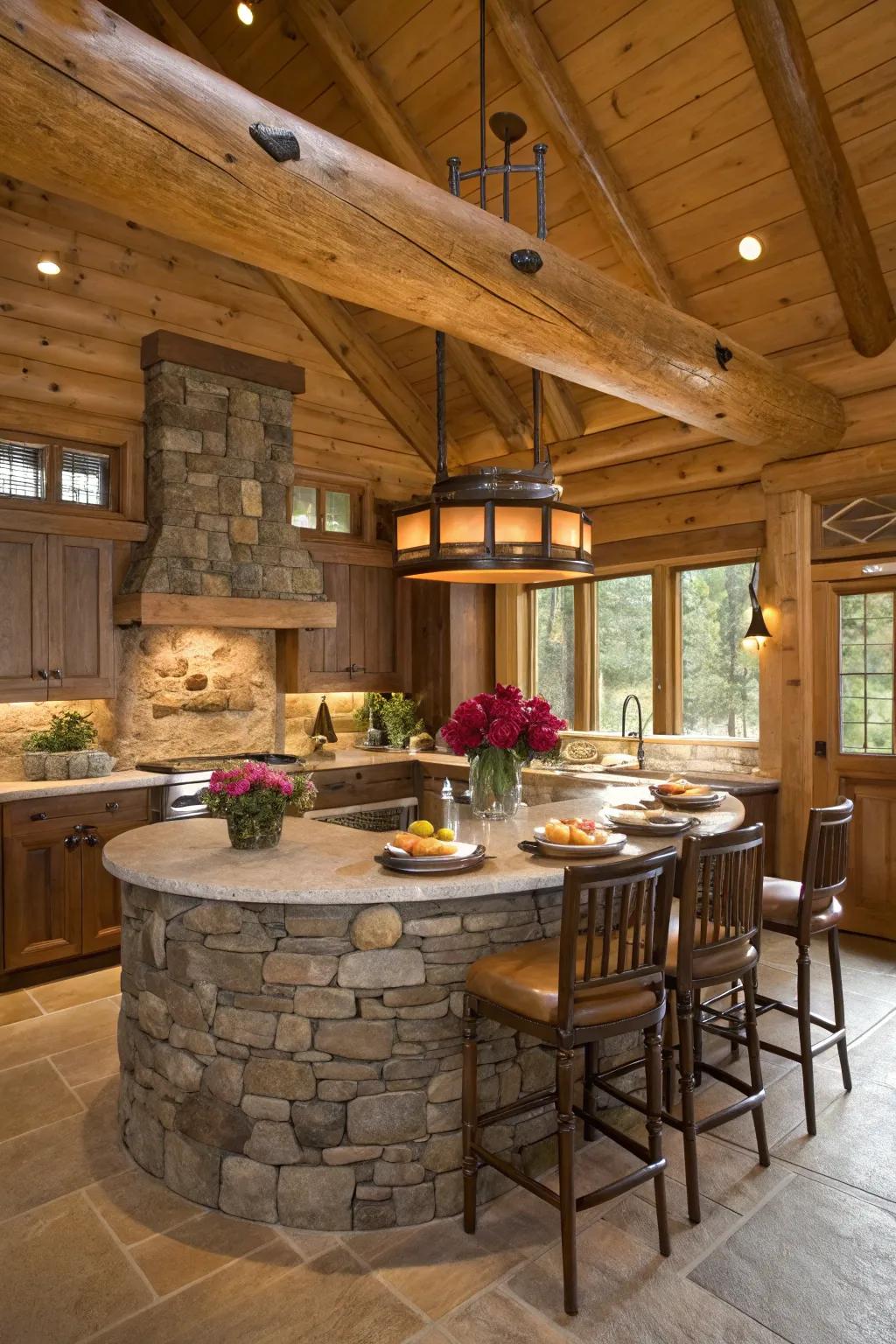 A stunning circular stone island serves as the focal point of this kitchen.