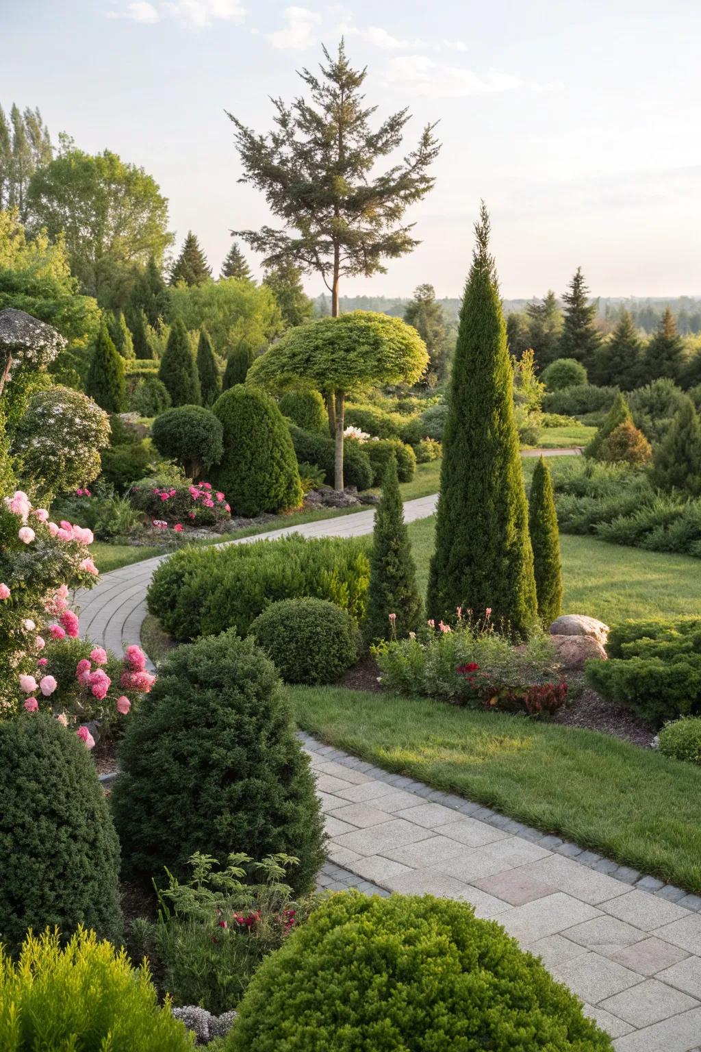 Evergreens provide year-round structure amidst perennials.