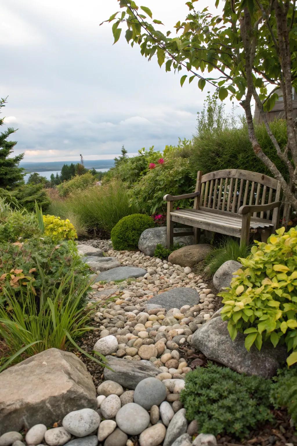 A meditation spot to enjoy the beauty of a rock garden.