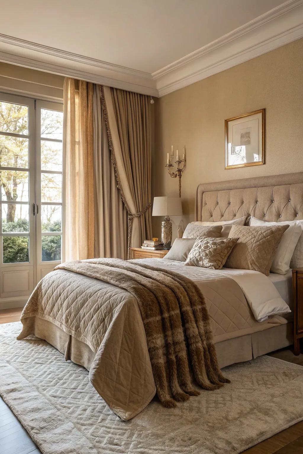 A luxurious bedroom showcasing the richness of layered textures.