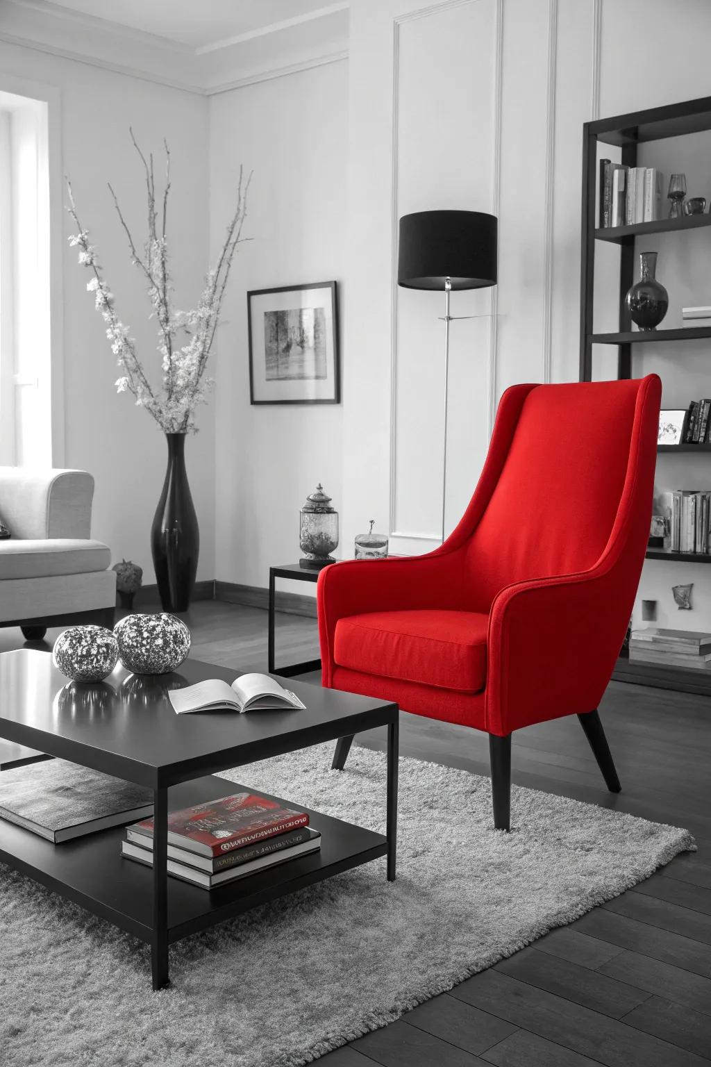 A bold color splash can energize the monochrome scheme.