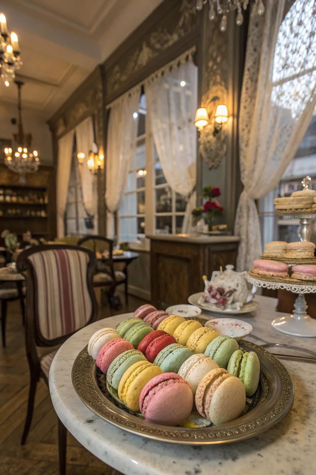Macarons in a Parisian café-themed setting.