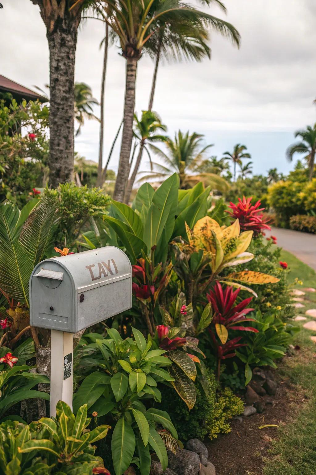 Tropical plants bring an exotic flair and bold statement to your mailbox area.