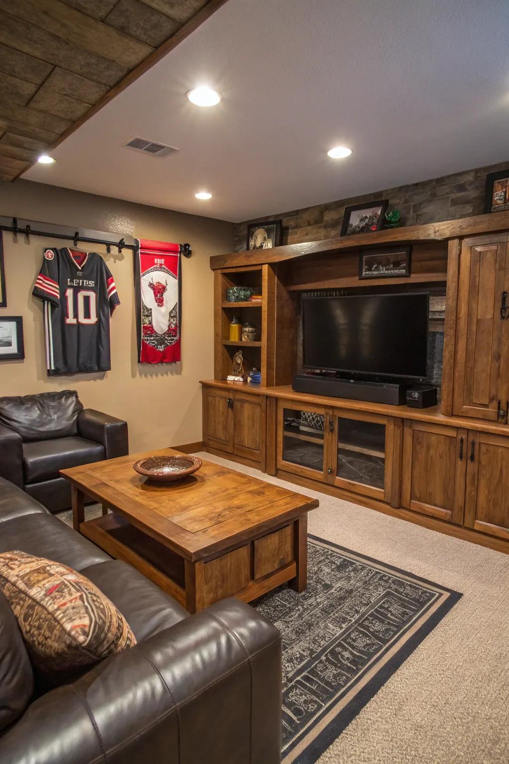 Hidden storage solutions keep this man cave clutter-free.