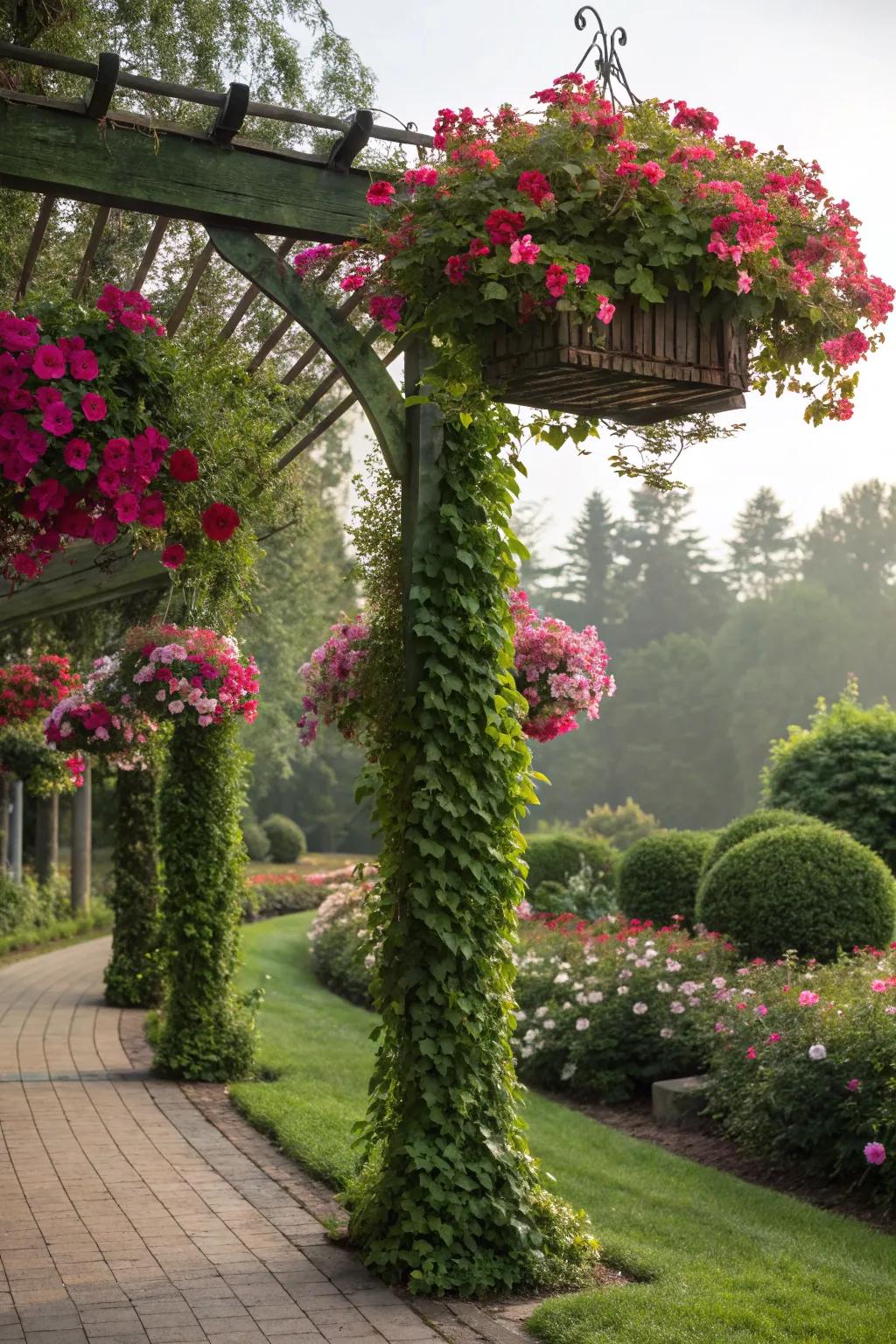 A trellis with hanging mandevilla baskets adds layers of beauty and interest.