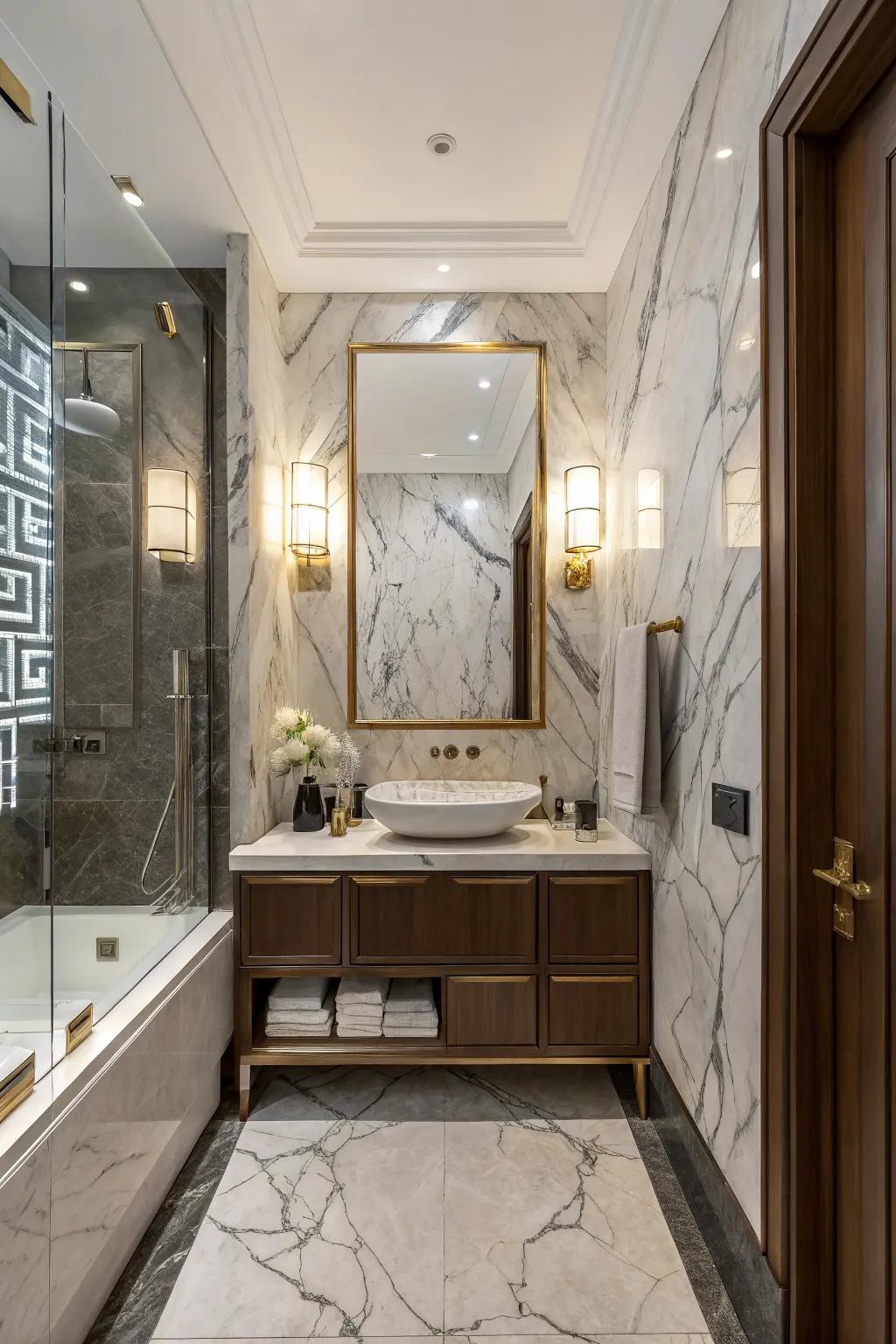 A marble accent wall serves as an eye-catching feature.