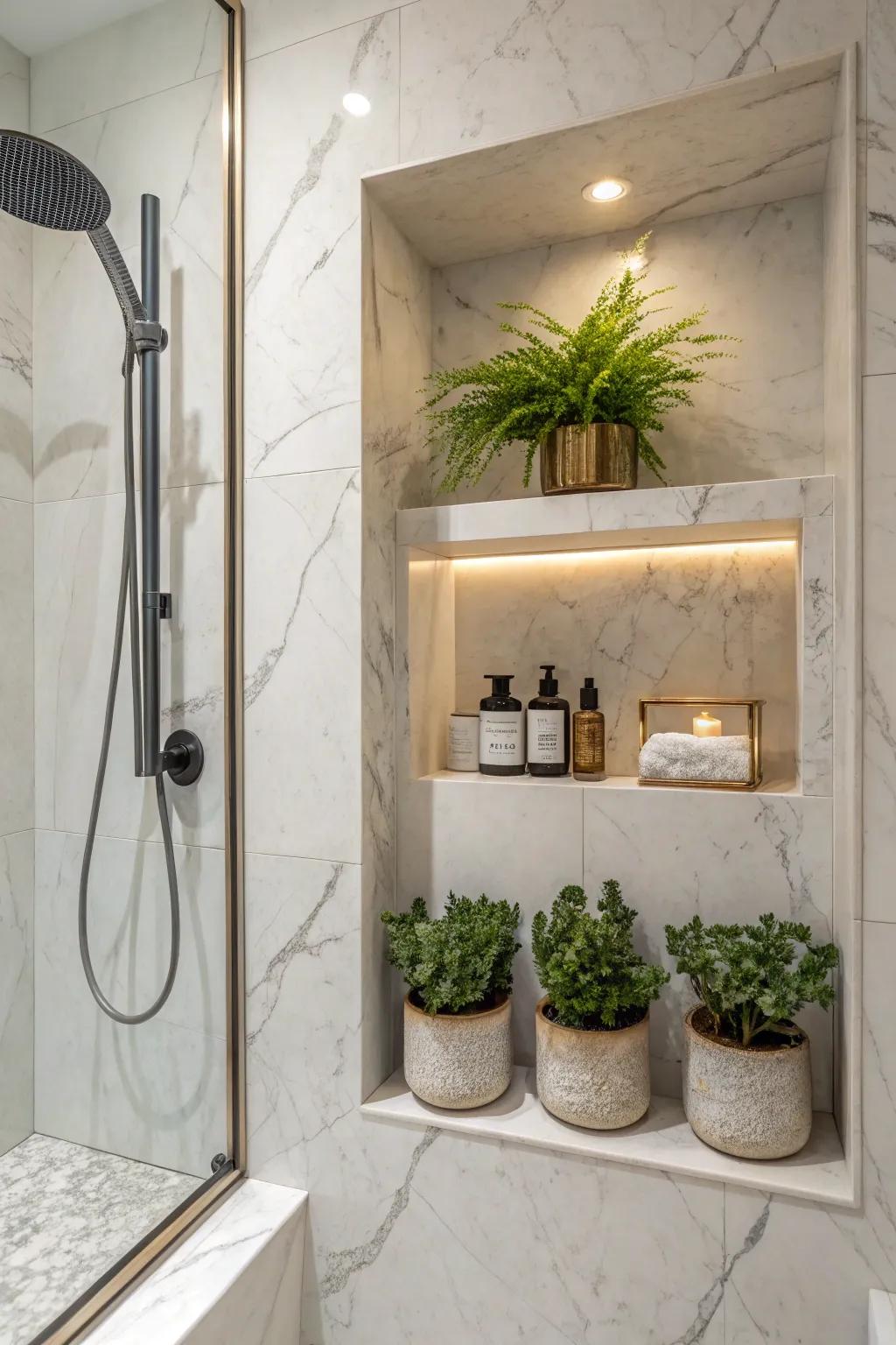 Greenery within a marble niche brings life to the shower.