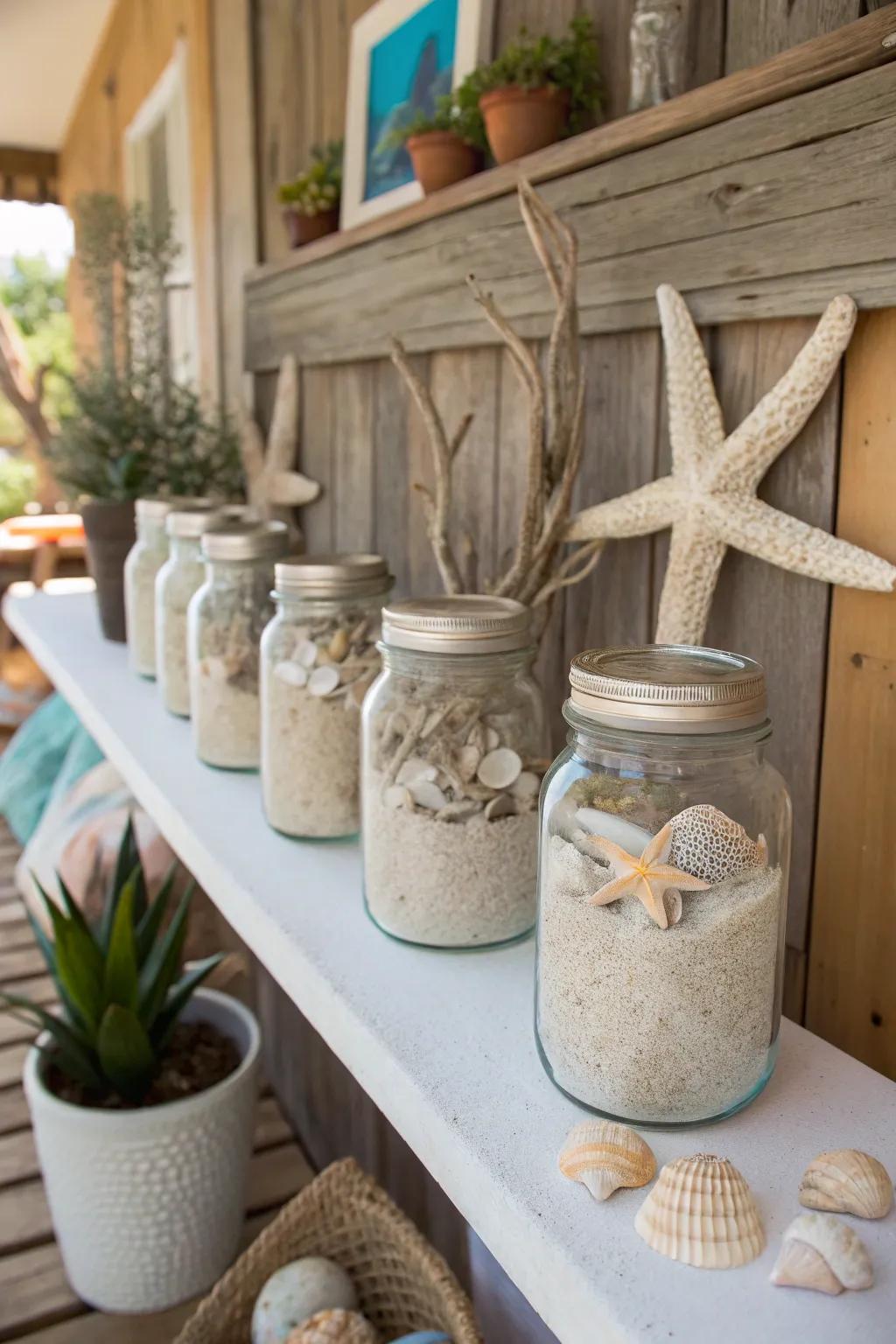 Bring the beach home with seashell displays in mason jars.