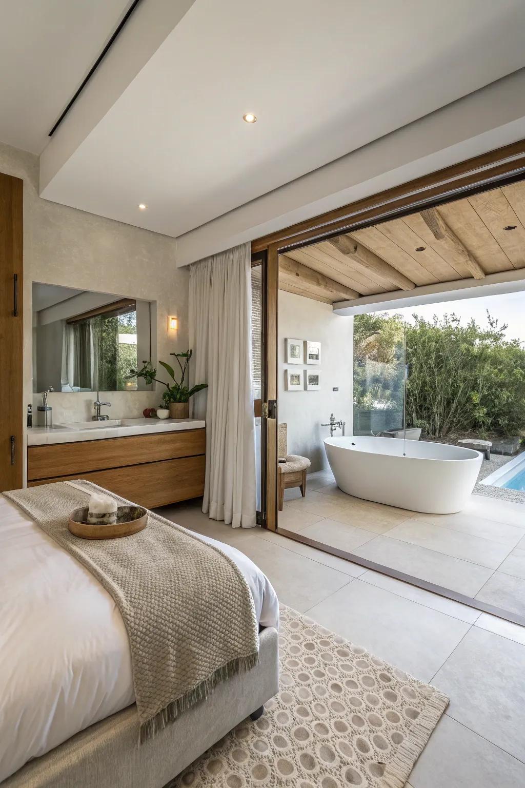 Open-concept bedroom and bathroom creating a seamless and unified space.