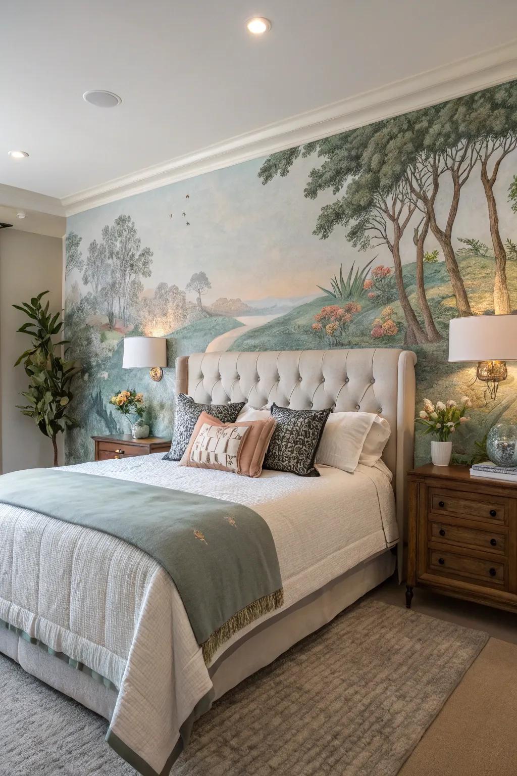 Painted murals transform your headboard wall into an artistic masterpiece.
