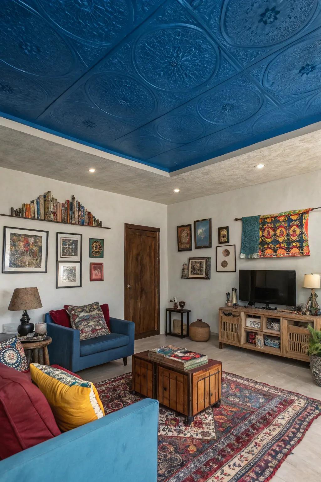 A painted ceiling adds unexpected drama to this room.