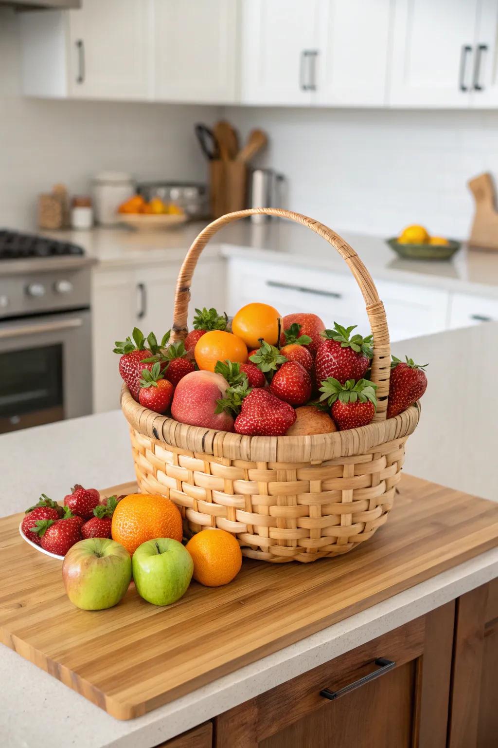 A bountiful May basket featuring seasonal fresh fruits.